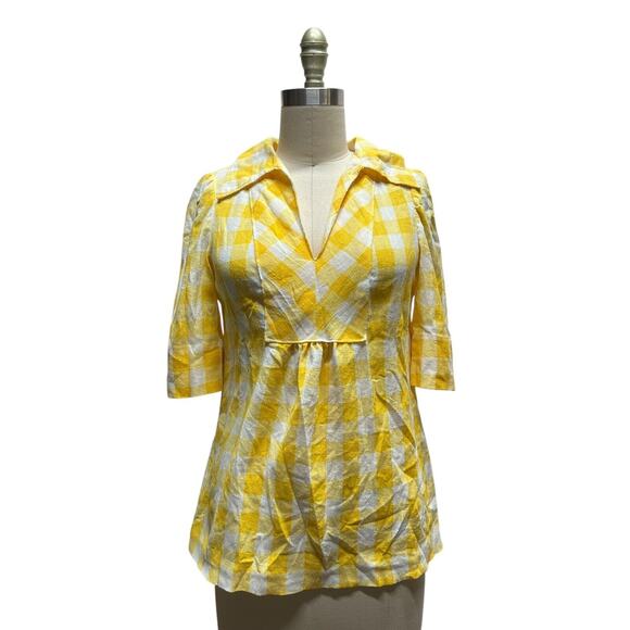 Vtg 70S Hippie Boho Yellow GINGHAM Cotton Peasant Pullover Top Blouse SZ S - Picture 1 of 10